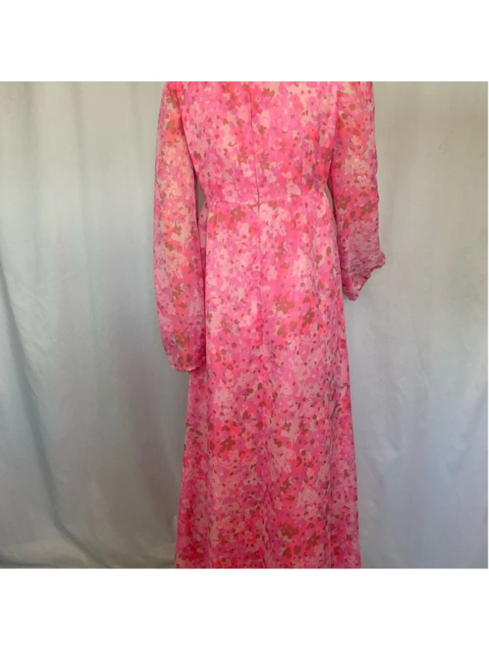 Vintage 60s Pink Floral Maxi Dress Sheer Chiffon Flower power psychedelic Women - Picture 3 of 10